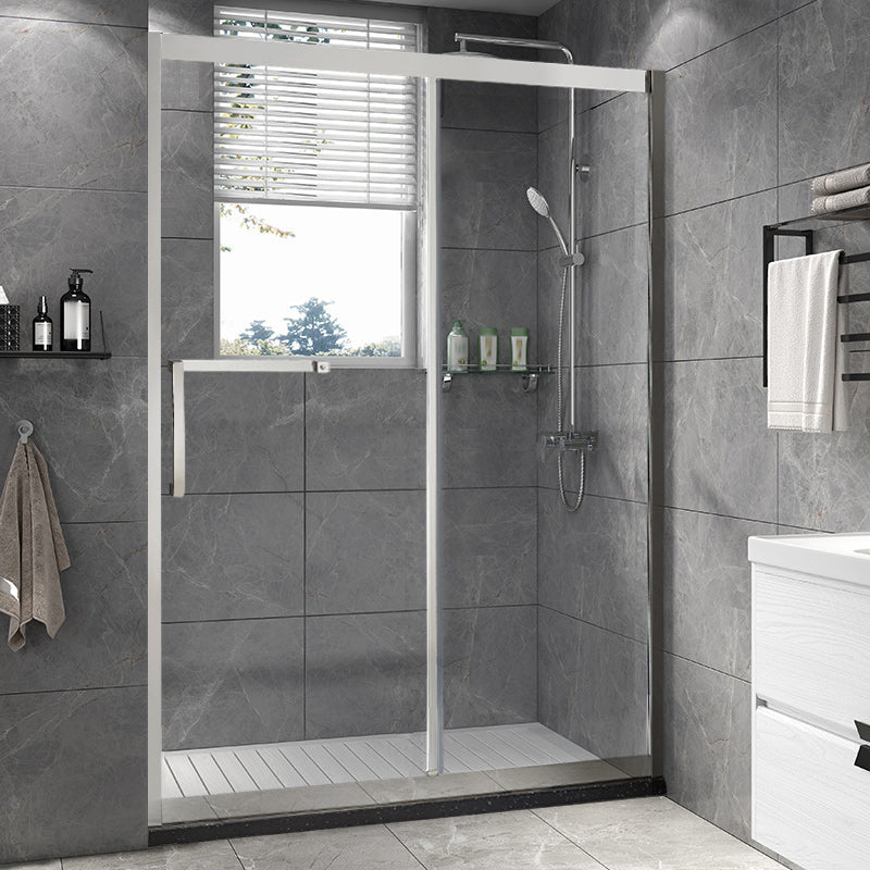 Silver Semi Frameless Single Move Tempered Glass Shower Door Right Clearhalo 'Bathroom Remodel & Bathroom Fixtures' 'Home Improvement' 'home_improvement' 'home_improvement_shower_tub_doors' 'Shower and Tub Doors' 'shower_tub_doors' 'Showers & Bathtubs' 6850610