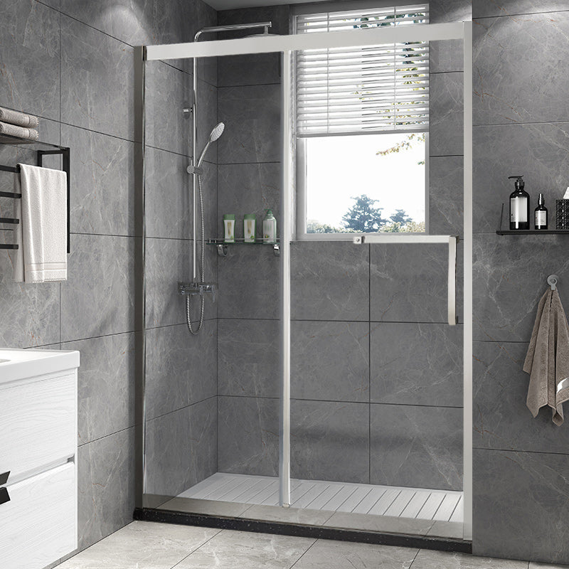 Silver Semi Frameless Single Move Tempered Glass Shower Door Left Clearhalo 'Bathroom Remodel & Bathroom Fixtures' 'Home Improvement' 'home_improvement' 'home_improvement_shower_tub_doors' 'Shower and Tub Doors' 'shower_tub_doors' 'Showers & Bathtubs' 6850611