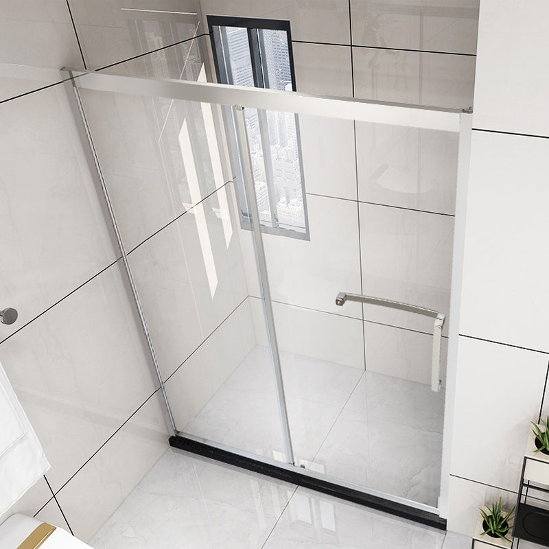 Silver Semi Frameless Single Move Tempered Glass Shower Door Clearhalo 'Bathroom Remodel & Bathroom Fixtures' 'Home Improvement' 'home_improvement' 'home_improvement_shower_tub_doors' 'Shower and Tub Doors' 'shower_tub_doors' 'Showers & Bathtubs' 6850613