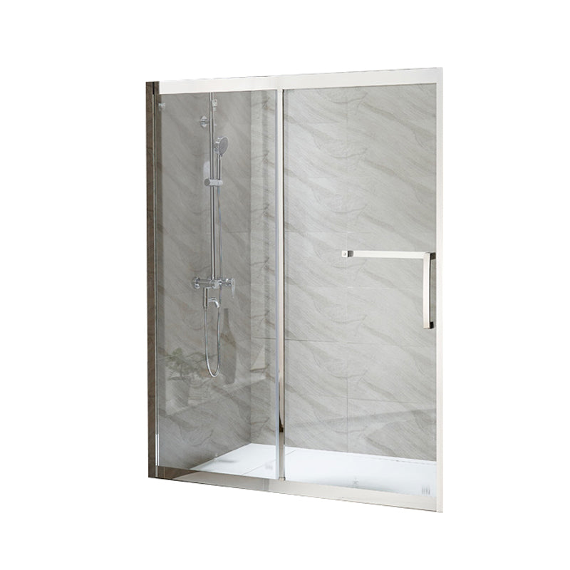 Silver Semi Frameless Single Move Tempered Glass Shower Door Clearhalo 'Bathroom Remodel & Bathroom Fixtures' 'Home Improvement' 'home_improvement' 'home_improvement_shower_tub_doors' 'Shower and Tub Doors' 'shower_tub_doors' 'Showers & Bathtubs' 6850614