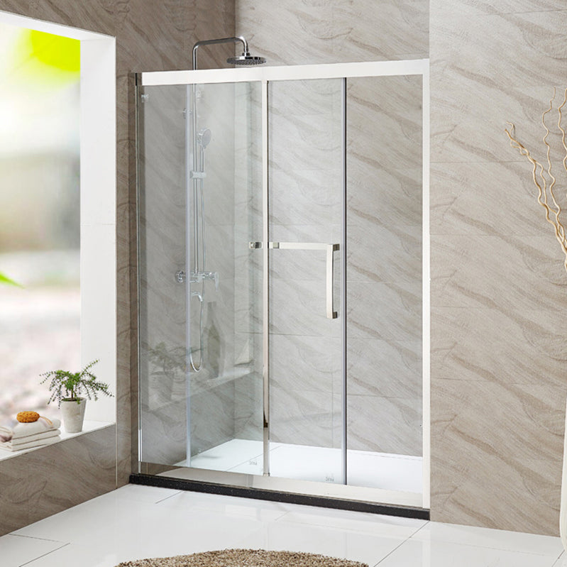 Silver Semi Frameless Single Move Tempered Glass Shower Door Clearhalo 'Bathroom Remodel & Bathroom Fixtures' 'Home Improvement' 'home_improvement' 'home_improvement_shower_tub_doors' 'Shower and Tub Doors' 'shower_tub_doors' 'Showers & Bathtubs' 6850617