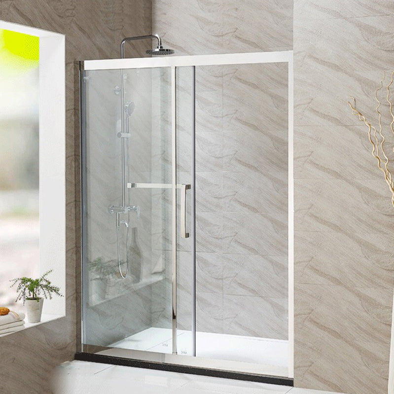 Silver Semi Frameless Single Move Tempered Glass Shower Door Clearhalo 'Bathroom Remodel & Bathroom Fixtures' 'Home Improvement' 'home_improvement' 'home_improvement_shower_tub_doors' 'Shower and Tub Doors' 'shower_tub_doors' 'Showers & Bathtubs' 6850618