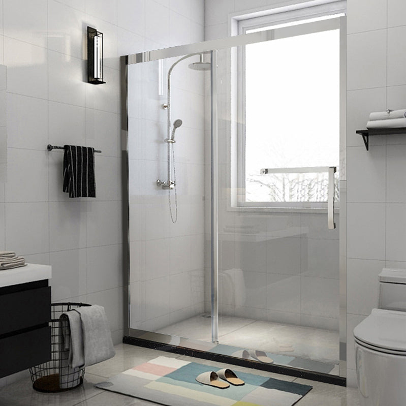 Silver Semi Frameless Single Move Tempered Glass Shower Door Clearhalo 'Bathroom Remodel & Bathroom Fixtures' 'Home Improvement' 'home_improvement' 'home_improvement_shower_tub_doors' 'Shower and Tub Doors' 'shower_tub_doors' 'Showers & Bathtubs' 6850619