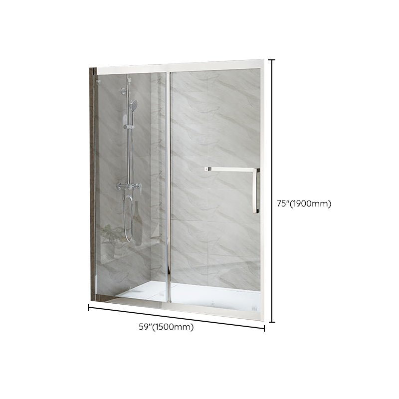 Silver Semi Frameless Single Move Tempered Glass Shower Door Clearhalo 'Bathroom Remodel & Bathroom Fixtures' 'Home Improvement' 'home_improvement' 'home_improvement_shower_tub_doors' 'Shower and Tub Doors' 'shower_tub_doors' 'Showers & Bathtubs' 6850624