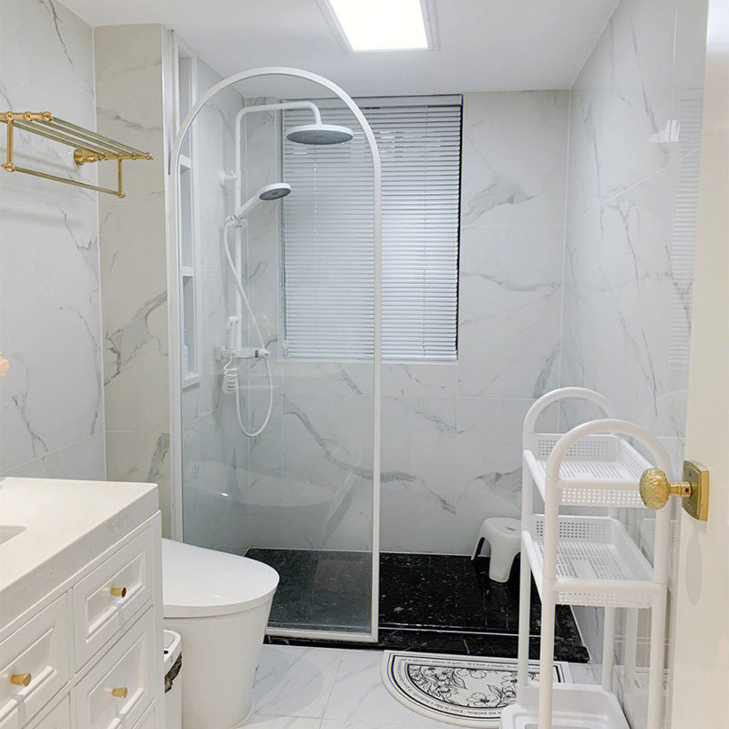 White Full Frame Single Fixed Panel, Half Partition Arched Waterproof Bathroom Screen Transparent Reversible Clearhalo 'Bathroom Remodel & Bathroom Fixtures' 'Home Improvement' 'home_improvement' 'home_improvement_shower_tub_doors' 'Shower and Tub Doors' 'shower_tub_doors' 'Showers & Bathtubs' 6850703