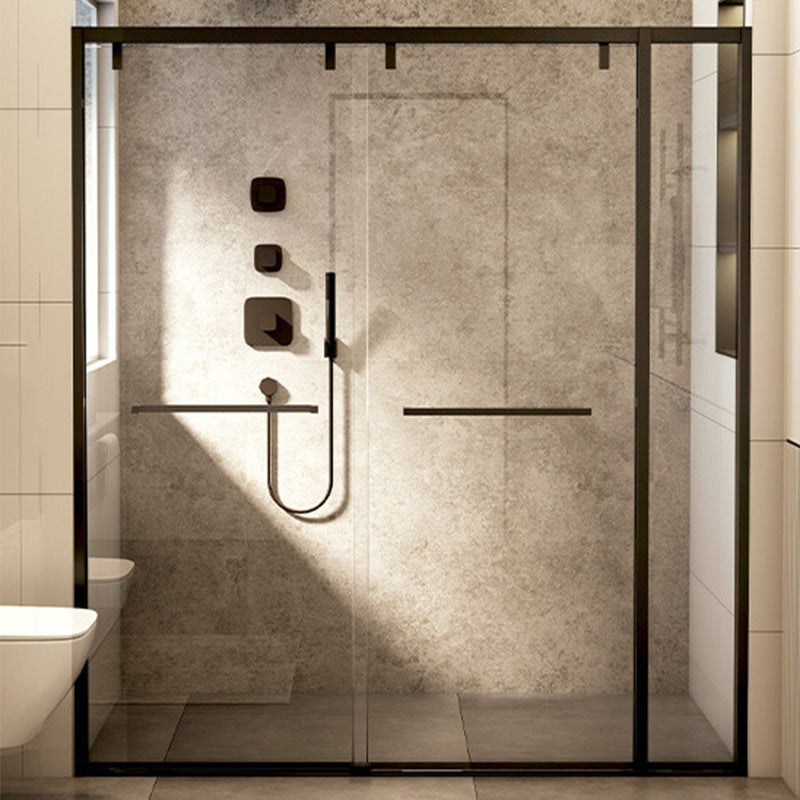 Black Stainless Steel Narrow Frame Semi Frameless Double Sliding Shower Door Transparent Clearhalo 'Bathroom Remodel & Bathroom Fixtures' 'Home Improvement' 'home_improvement' 'home_improvement_shower_tub_doors' 'Shower and Tub Doors' 'shower_tub_doors' 'Showers & Bathtubs' 6850762