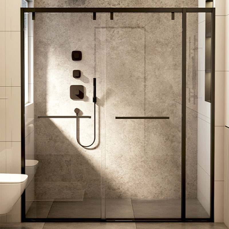Black Stainless Steel Narrow Frame Semi Frameless Double Sliding Shower Door Transparent Clearhalo 'Bathroom Remodel & Bathroom Fixtures' 'Home Improvement' 'home_improvement' 'home_improvement_shower_tub_doors' 'Shower and Tub Doors' 'shower_tub_doors' 'Showers & Bathtubs' 6850762