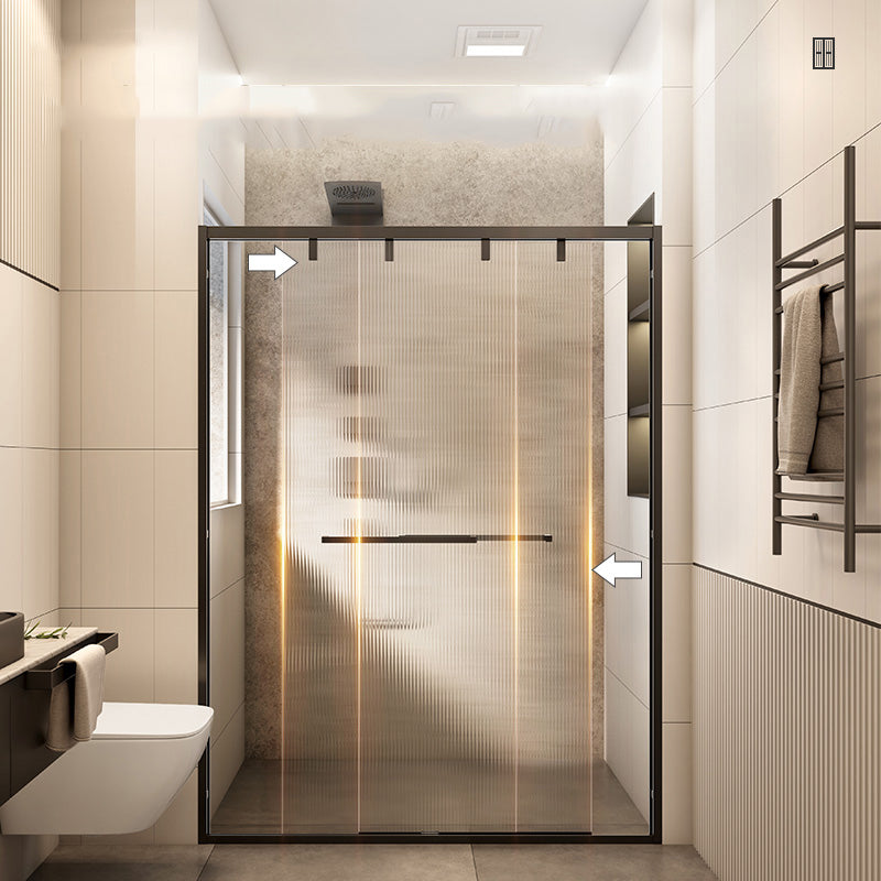 Black Stainless Steel Narrow Frame Semi Frameless Double Sliding Shower Door Clearhalo 'Bathroom Remodel & Bathroom Fixtures' 'Home Improvement' 'home_improvement' 'home_improvement_shower_tub_doors' 'Shower and Tub Doors' 'shower_tub_doors' 'Showers & Bathtubs' 6850765