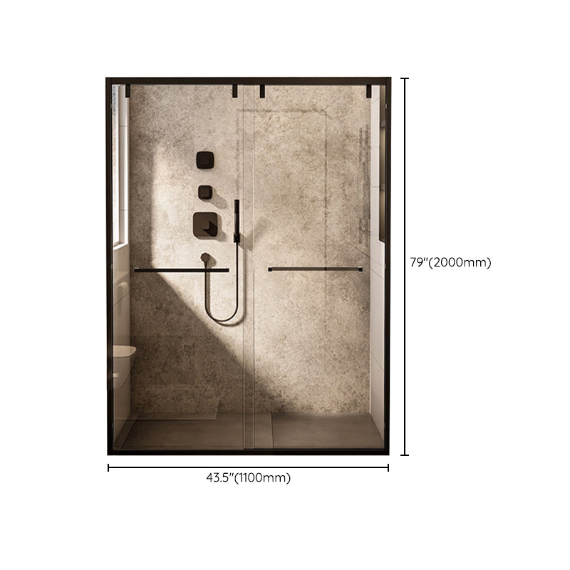 Black Stainless Steel Narrow Frame Semi Frameless Double Sliding Shower Door Clearhalo 'Bathroom Remodel & Bathroom Fixtures' 'Home Improvement' 'home_improvement' 'home_improvement_shower_tub_doors' 'Shower and Tub Doors' 'shower_tub_doors' 'Showers & Bathtubs' 6850774
