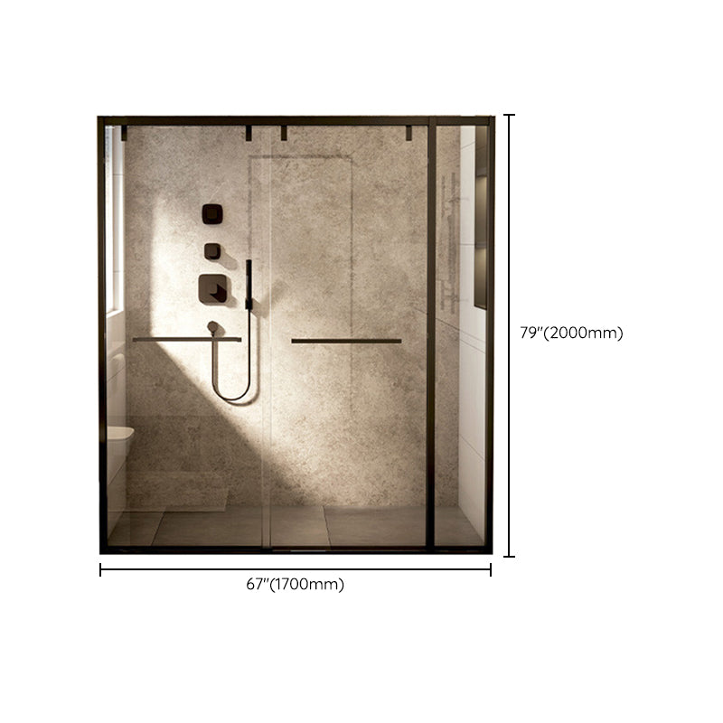Black Stainless Steel Narrow Frame Semi Frameless Double Sliding Shower Door Clearhalo 'Bathroom Remodel & Bathroom Fixtures' 'Home Improvement' 'home_improvement' 'home_improvement_shower_tub_doors' 'Shower and Tub Doors' 'shower_tub_doors' 'Showers & Bathtubs' 6850780