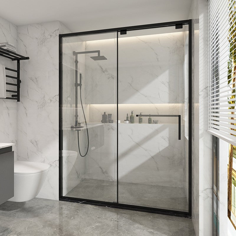 Black Stainless Steel Narrow Frame Semi Frameless Single Swing Shower Door Transparent Left Clearhalo 'Bathroom Remodel & Bathroom Fixtures' 'Home Improvement' 'home_improvement' 'home_improvement_shower_tub_doors' 'Shower and Tub Doors' 'shower_tub_doors' 'Showers & Bathtubs' 6850793