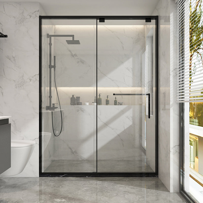 Black Stainless Steel Narrow Frame Semi Frameless Single Swing Shower Door Clearhalo 'Bathroom Remodel & Bathroom Fixtures' 'Home Improvement' 'home_improvement' 'home_improvement_shower_tub_doors' 'Shower and Tub Doors' 'shower_tub_doors' 'Showers & Bathtubs' 6850795