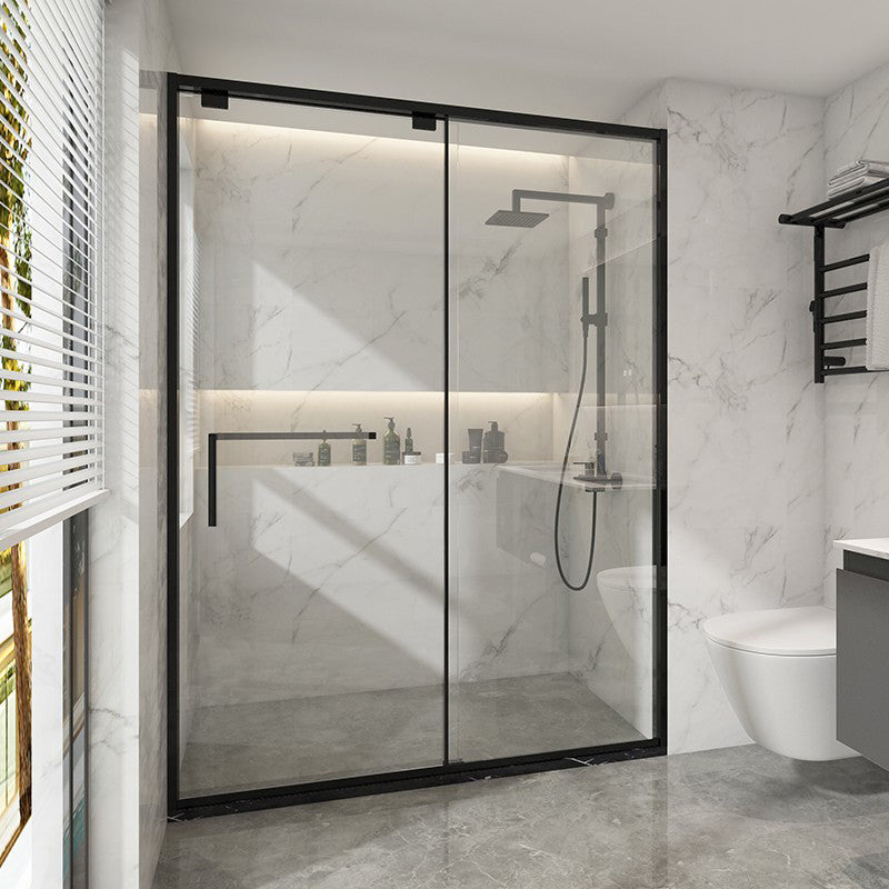Black Stainless Steel Narrow Frame Semi Frameless Single Swing Shower Door Transparent Right Clearhalo 'Bathroom Remodel & Bathroom Fixtures' 'Home Improvement' 'home_improvement' 'home_improvement_shower_tub_doors' 'Shower and Tub Doors' 'shower_tub_doors' 'Showers & Bathtubs' 6850796