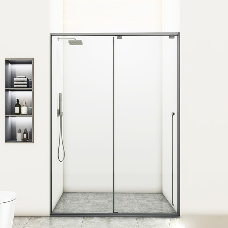 Gray Semi Frameless Stainless Steel Single Move Tempered Glass Shower Door Left Clearhalo 'Bathroom Remodel & Bathroom Fixtures' 'Home Improvement' 'home_improvement' 'home_improvement_shower_tub_doors' 'Shower and Tub Doors' 'shower_tub_doors' 'Showers & Bathtubs' 6850826