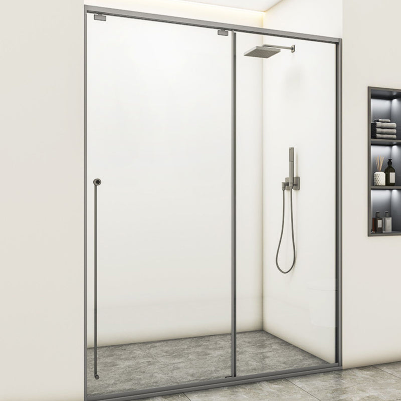 Gray Semi Frameless Stainless Steel Single Move Tempered Glass Shower Door Clearhalo 'Bathroom Remodel & Bathroom Fixtures' 'Home Improvement' 'home_improvement' 'home_improvement_shower_tub_doors' 'Shower and Tub Doors' 'shower_tub_doors' 'Showers & Bathtubs' 6850835
