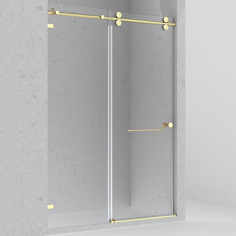 Minimalist Stainless Steel Hanging Wheel Frameless Single Sliding Shower Door Gold Left Clearhalo 'Bathroom Remodel & Bathroom Fixtures' 'Home Improvement' 'home_improvement' 'home_improvement_shower_tub_doors' 'Shower and Tub Doors' 'shower_tub_doors' 'Showers & Bathtubs' 6850843