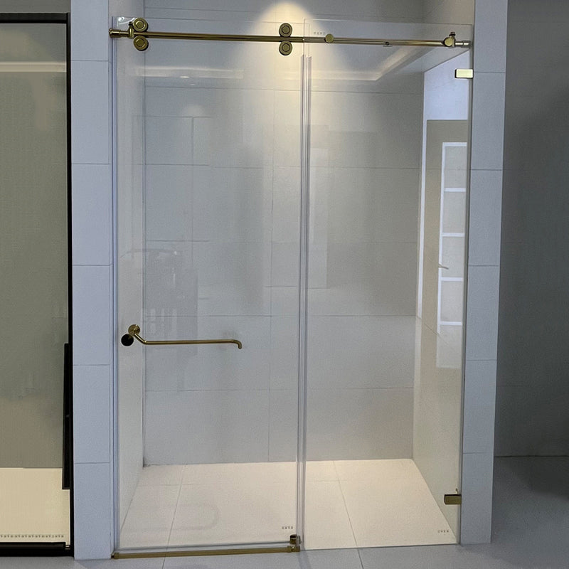 Minimalist Stainless Steel Hanging Wheel Frameless Single Sliding Shower Door Gold Right Clearhalo 'Bathroom Remodel & Bathroom Fixtures' 'Home Improvement' 'home_improvement' 'home_improvement_shower_tub_doors' 'Shower and Tub Doors' 'shower_tub_doors' 'Showers & Bathtubs' 6850846