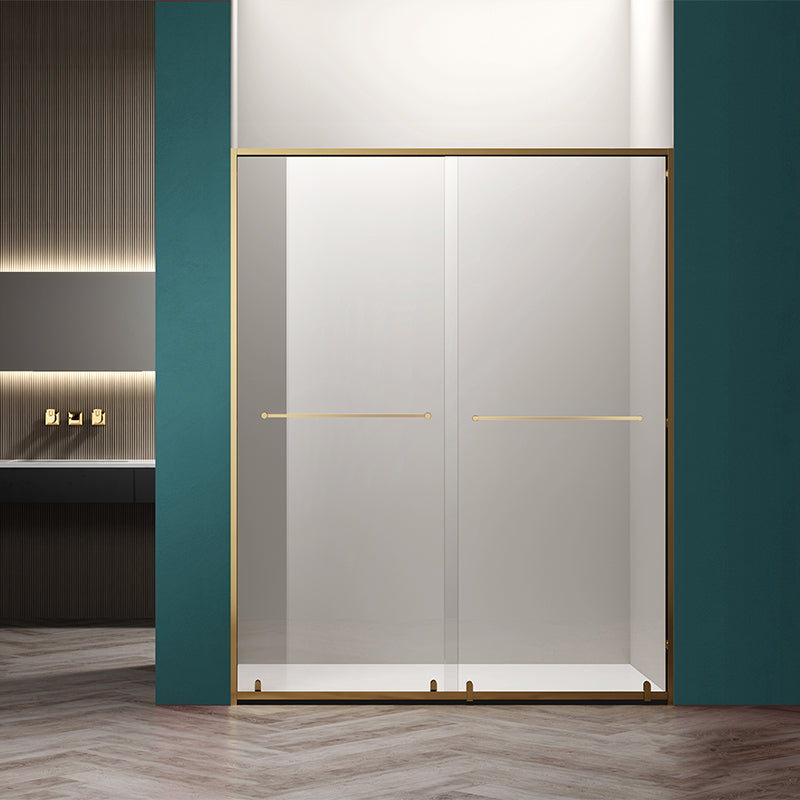 Double Shift Semi Frameless Narrow Bezel Tempered Glass Shower Door Gold Clearhalo 'Bathroom Remodel & Bathroom Fixtures' 'Home Improvement' 'home_improvement' 'home_improvement_shower_tub_doors' 'Shower and Tub Doors' 'shower_tub_doors' 'Showers & Bathtubs' 6850886