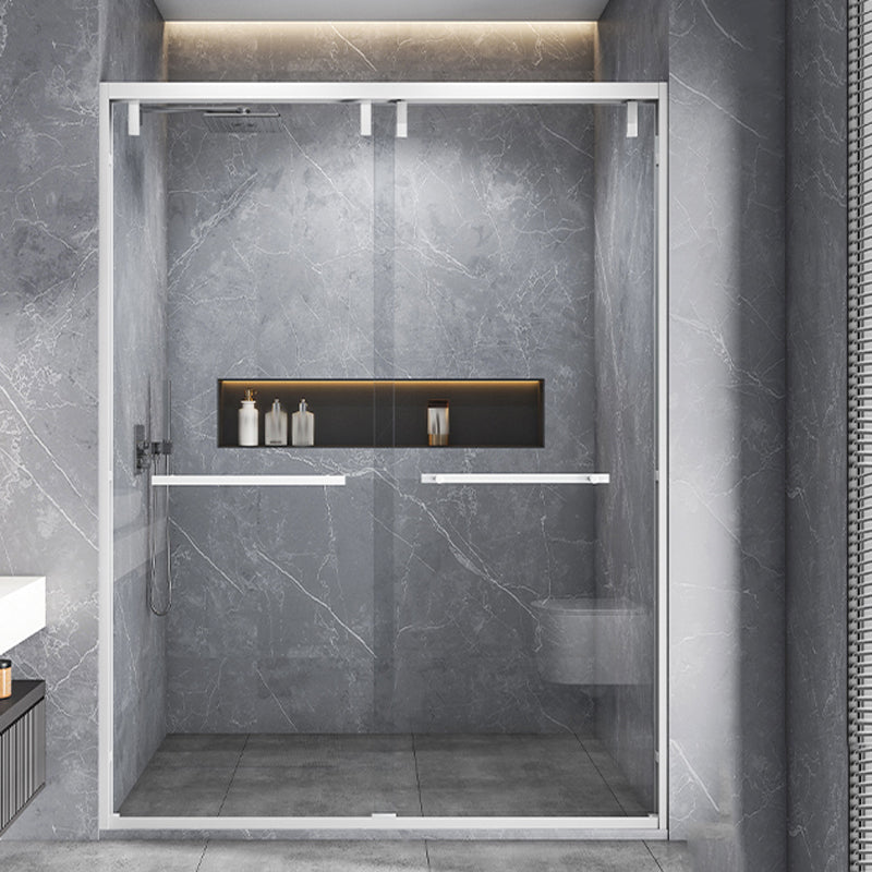 White Double Sliding Shower Door with Semi Frameless 304 Stainless Steel Frame Clearhalo 'Bathroom Remodel & Bathroom Fixtures' 'Home Improvement' 'home_improvement' 'home_improvement_shower_tub_doors' 'Shower and Tub Doors' 'shower_tub_doors' 'Showers & Bathtubs' 6850904