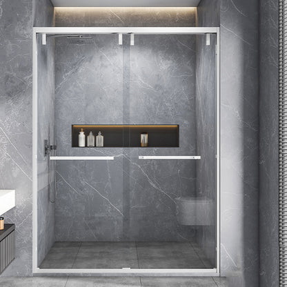 White Double Sliding Shower Door with Semi Frameless 304 Stainless Steel Frame Clearhalo 'Bathroom Remodel & Bathroom Fixtures' 'Home Improvement' 'home_improvement' 'home_improvement_shower_tub_doors' 'Shower and Tub Doors' 'shower_tub_doors' 'Showers & Bathtubs' 6850904