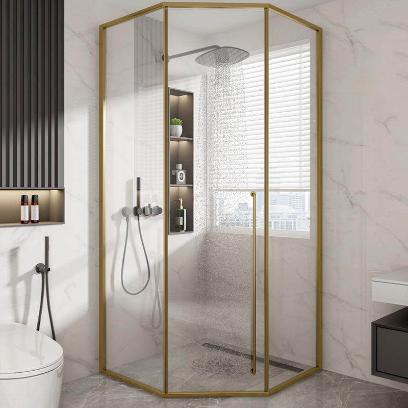 Framed Neo-Angle Shower Enclosure Clear Easy Clean Glass Shower Enclosure Gold Clearhalo 'Bathroom Remodel & Bathroom Fixtures' 'Home Improvement' 'home_improvement' 'home_improvement_shower_stalls_enclosures' 'Shower Stalls & Enclosures' 'shower_stalls_enclosures' 'Showers & Bathtubs' 6857992
