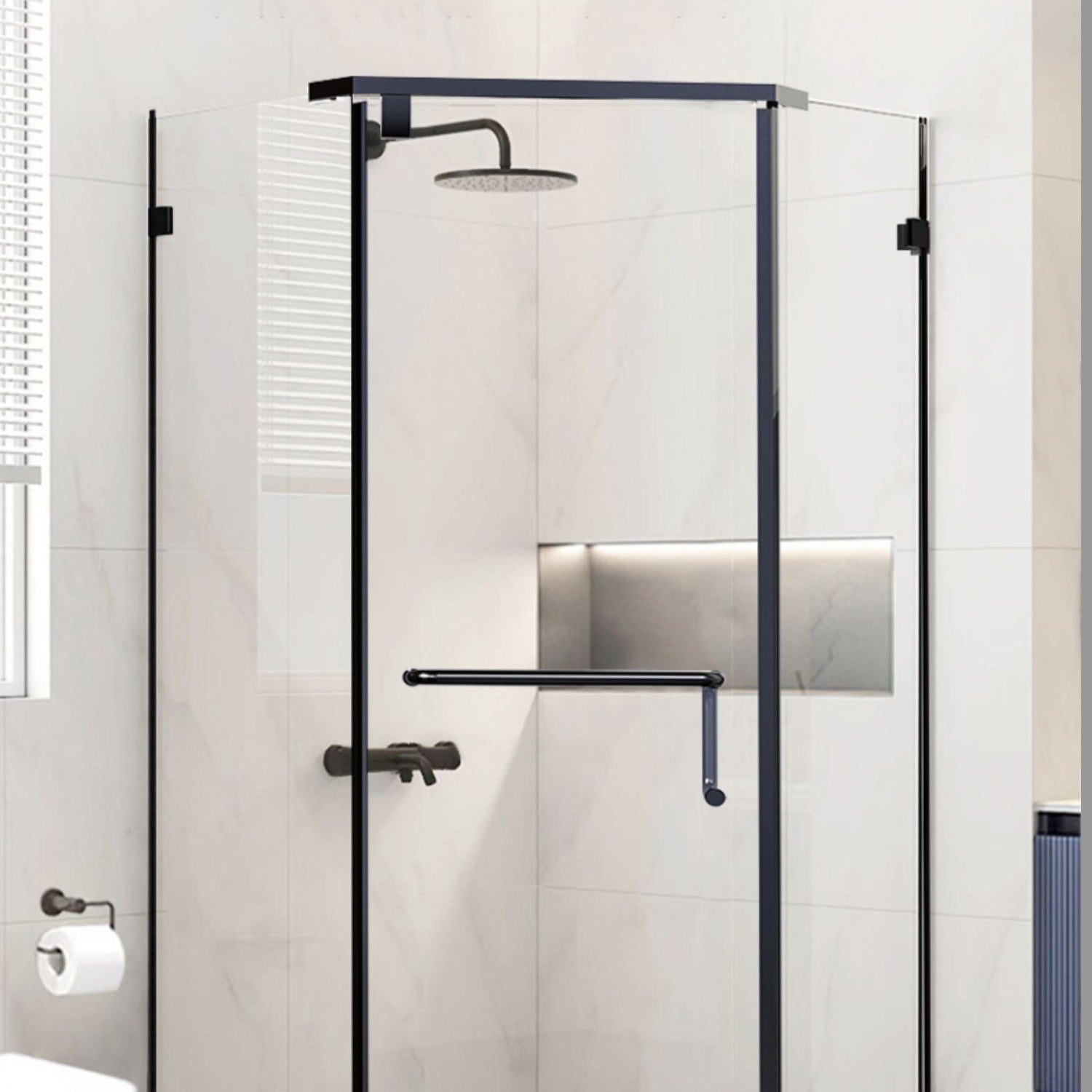Neo-Angle Polished Glass Shower Enclosure Matt Black Frame Shower Stall Clearhalo 'Bathroom Remodel & Bathroom Fixtures' 'Home Improvement' 'home_improvement' 'home_improvement_shower_stalls_enclosures' 'Shower Stalls & Enclosures' 'shower_stalls_enclosures' 'Showers & Bathtubs' 6858007