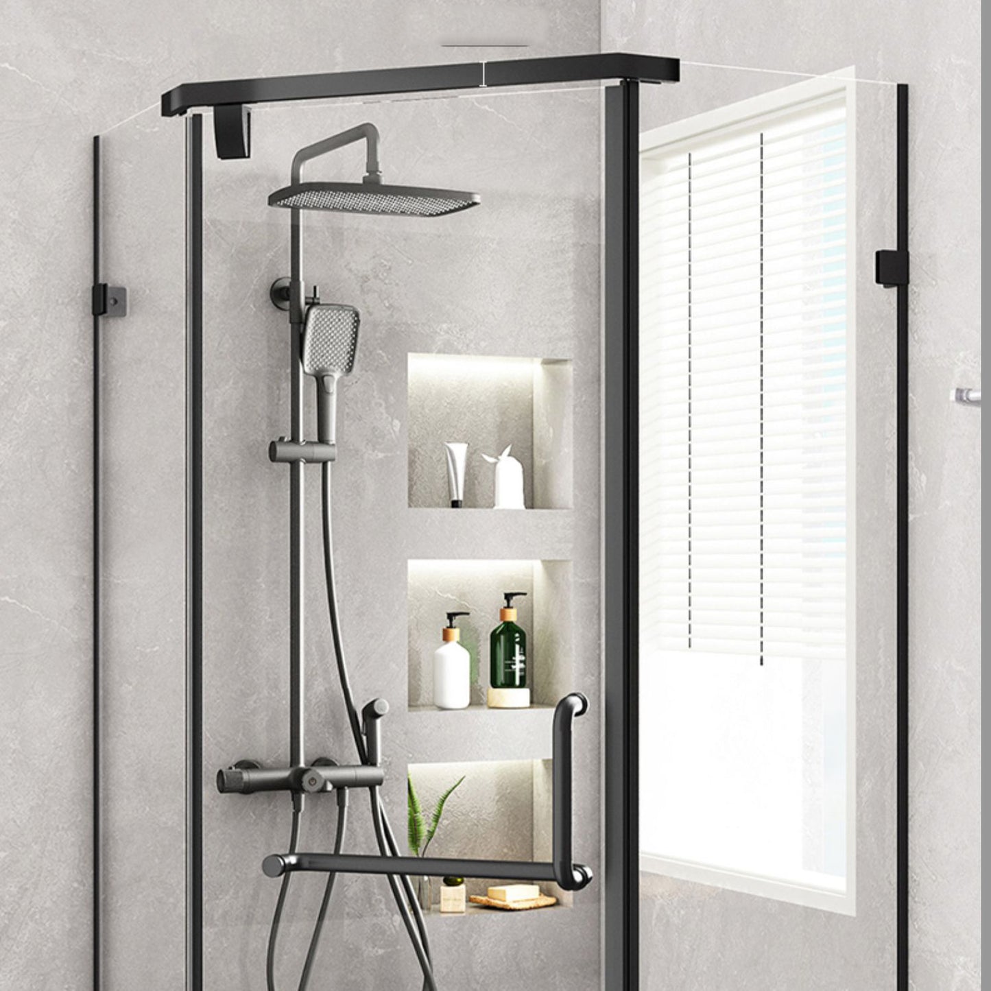 Neo-Angle Polished Glass Shower Enclosure Matt Black Frame Shower Stall Clearhalo 'Bathroom Remodel & Bathroom Fixtures' 'Home Improvement' 'home_improvement' 'home_improvement_shower_stalls_enclosures' 'Shower Stalls & Enclosures' 'shower_stalls_enclosures' 'Showers & Bathtubs' 6858008