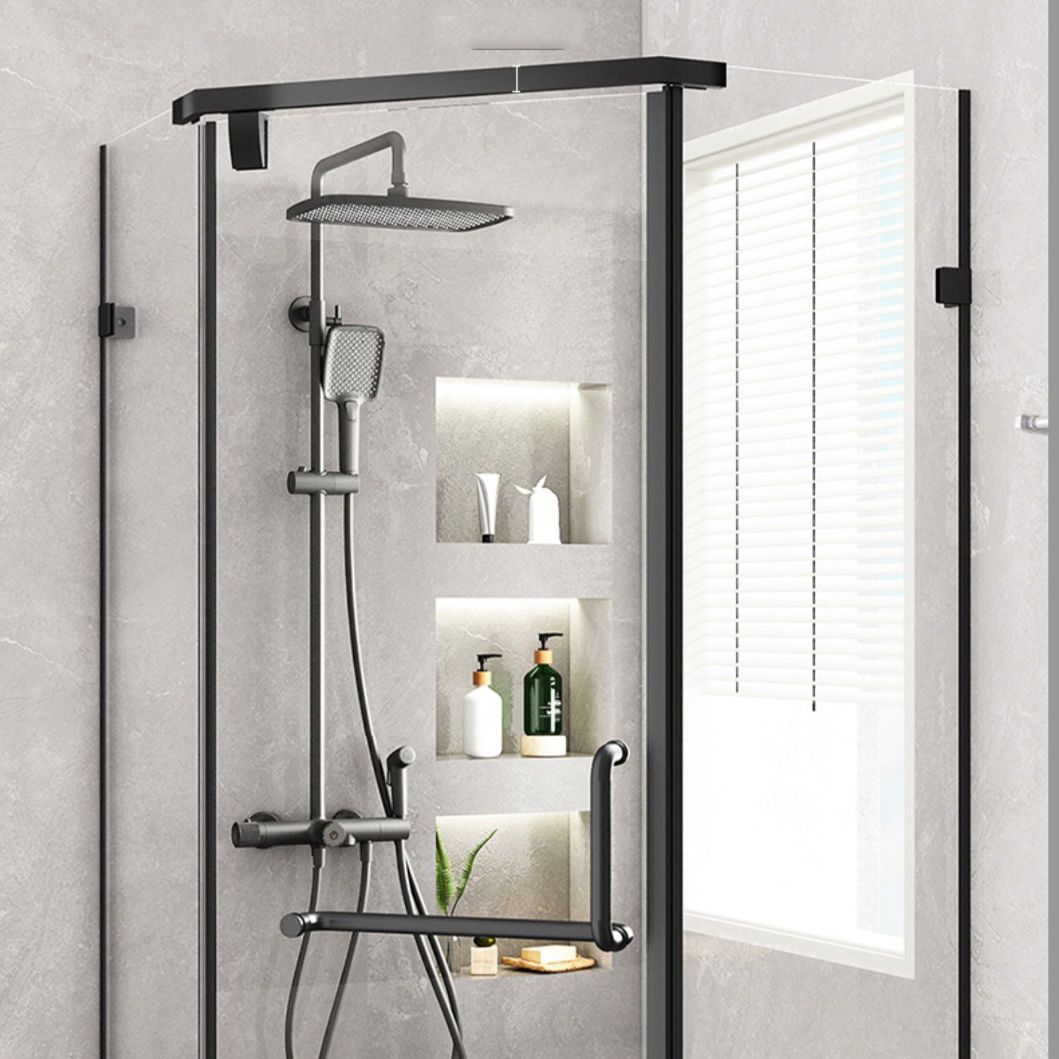 Neo-Angle Polished Glass Shower Enclosure Matt Black Frame Shower Stall Clearhalo 'Bathroom Remodel & Bathroom Fixtures' 'Home Improvement' 'home_improvement' 'home_improvement_shower_stalls_enclosures' 'Shower Stalls & Enclosures' 'shower_stalls_enclosures' 'Showers & Bathtubs' 6858008