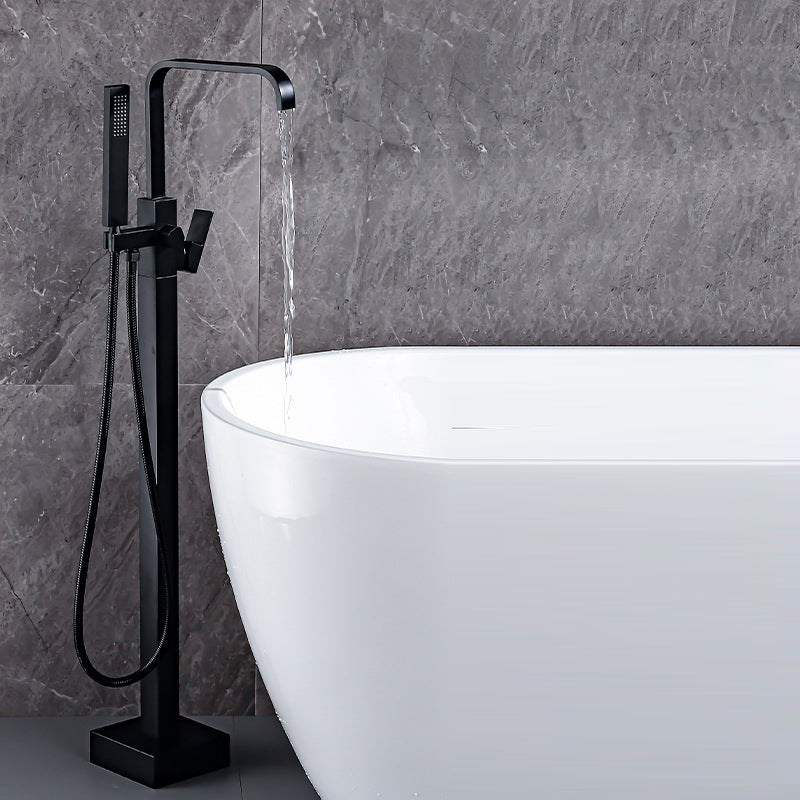Contemporary Freestanding Tub Filler Brass Tub Filler with Hand-shower Black Hand Shower Included Ground Clearhalo 'Bathroom Remodel & Bathroom Fixtures' 'Bathtub Faucets' 'bathtub_faucets' 'Home Improvement' 'home_improvement' 'home_improvement_bathtub_faucets' 6859249