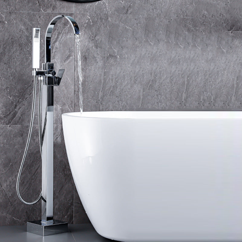 Contemporary Freestanding Tub Filler Brass Tub Filler with Hand-shower Silver Hand Shower Included Ground Clearhalo 'Bathroom Remodel & Bathroom Fixtures' 'Bathtub Faucets' 'bathtub_faucets' 'Home Improvement' 'home_improvement' 'home_improvement_bathtub_faucets' 6859257
