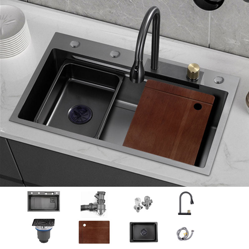 Contemporary Black Sink Stainless Steel Kitchen Sink with Soundproofing Sink with Faucet Pull Out Faucet Clearhalo 'Home Improvement' 'home_improvement' 'home_improvement_kitchen_sinks' 'Kitchen Remodel & Kitchen Fixtures' 'Kitchen Sinks & Faucet Components' 'Kitchen Sinks' 'kitchen_sinks' 6859650