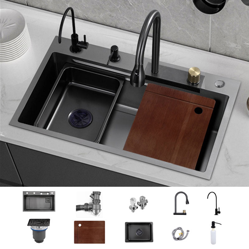 Contemporary Black Sink Stainless Steel Kitchen Sink with Soundproofing Sink with Faucet Double Tap for Water Purification Clearhalo 'Home Improvement' 'home_improvement' 'home_improvement_kitchen_sinks' 'Kitchen Remodel & Kitchen Fixtures' 'Kitchen Sinks & Faucet Components' 'Kitchen Sinks' 'kitchen_sinks' 6859651