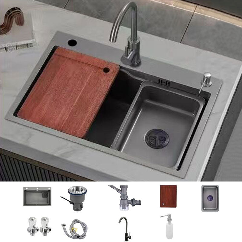 Contemporary Black Sink Stainless Steel Kitchen Sink with Soundproofing Sink with Faucet Gooseneck Faucet Clearhalo 'Home Improvement' 'home_improvement' 'home_improvement_kitchen_sinks' 'Kitchen Remodel & Kitchen Fixtures' 'Kitchen Sinks & Faucet Components' 'Kitchen Sinks' 'kitchen_sinks' 6859653