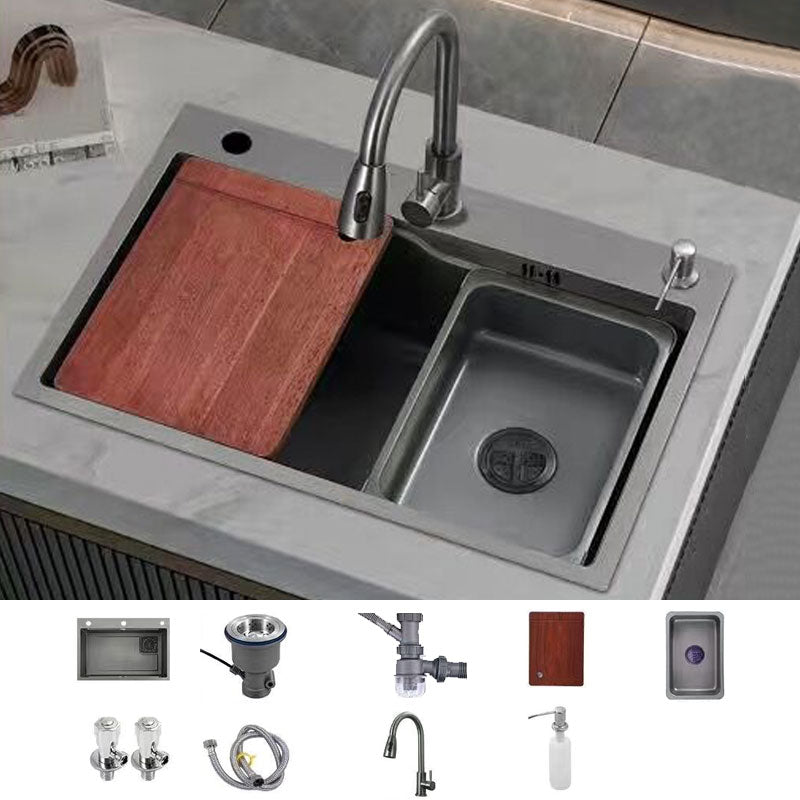 Contemporary Black Sink Stainless Steel Kitchen Sink with Soundproofing Sink with Faucet Gooseneck Pull Out Faucet Clearhalo 'Home Improvement' 'home_improvement' 'home_improvement_kitchen_sinks' 'Kitchen Remodel & Kitchen Fixtures' 'Kitchen Sinks & Faucet Components' 'Kitchen Sinks' 'kitchen_sinks' 6859655