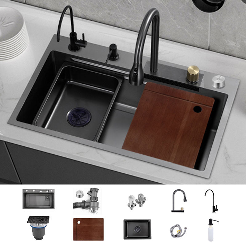 Contemporary Black Sink Stainless Steel Kitchen Sink with Soundproofing Sink with Faucet Pull Out Water Filter Double Faucet & Deck Control Drain Clearhalo 'Home Improvement' 'home_improvement' 'home_improvement_kitchen_sinks' 'Kitchen Remodel & Kitchen Fixtures' 'Kitchen Sinks & Faucet Components' 'Kitchen Sinks' 'kitchen_sinks' 6859659