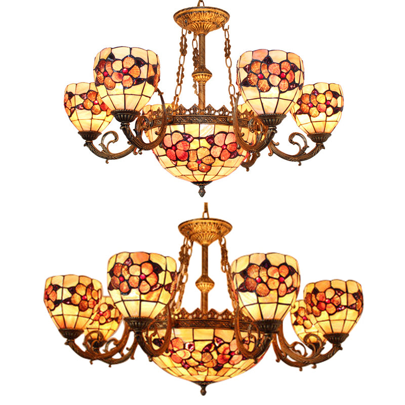 Living Room Shell Pendant Light Shell Multi-Head Tiffany Ornate Chandelier with Flower in Beige Clearhalo 'Ceiling Lights' 'Chandeliers' 'Close To Ceiling Lights' 'Industrial' 'Middle Century Chandeliers' 'Tiffany Chandeliers' 'Tiffany close to ceiling' 'Tiffany' Lighting' 68641