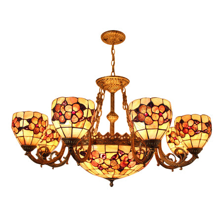 Living Room Shell Pendant Light Shell Multi-Head Tiffany Ornate Chandelier with Flower in Beige 9 Beige Clearhalo 'Ceiling Lights' 'Chandeliers' 'Close To Ceiling Lights' 'Industrial' 'Middle Century Chandeliers' 'Tiffany Chandeliers' 'Tiffany close to ceiling' 'Tiffany' Lighting' 68644