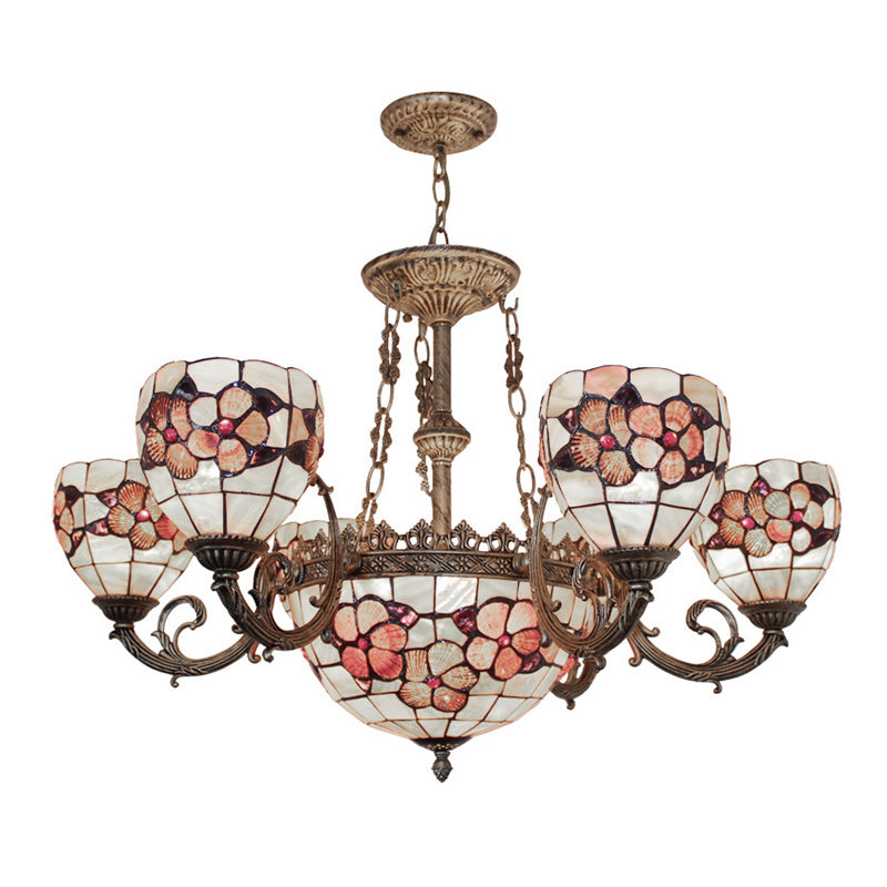 Living Room Shell Pendant Light Shell Multi-Head Tiffany Ornate Chandelier with Flower in Beige Clearhalo 'Ceiling Lights' 'Chandeliers' 'Close To Ceiling Lights' 'Industrial' 'Middle Century Chandeliers' 'Tiffany Chandeliers' 'Tiffany close to ceiling' 'Tiffany' Lighting' 68645