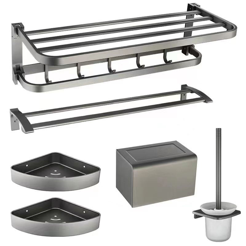 Contemporary Metal 6-Piece Bathroom Accessory Set with Bath Shelf Grey 6-Piece Set Clearhalo 'Bathroom Hardware Sets' 'Bathroom Hardware' 'Bathroom Remodel & Bathroom Fixtures' 'bathroom_hardware_sets' 'Home Improvement' 'home_improvement' 'home_improvement_bathroom_hardware_sets' 6864511