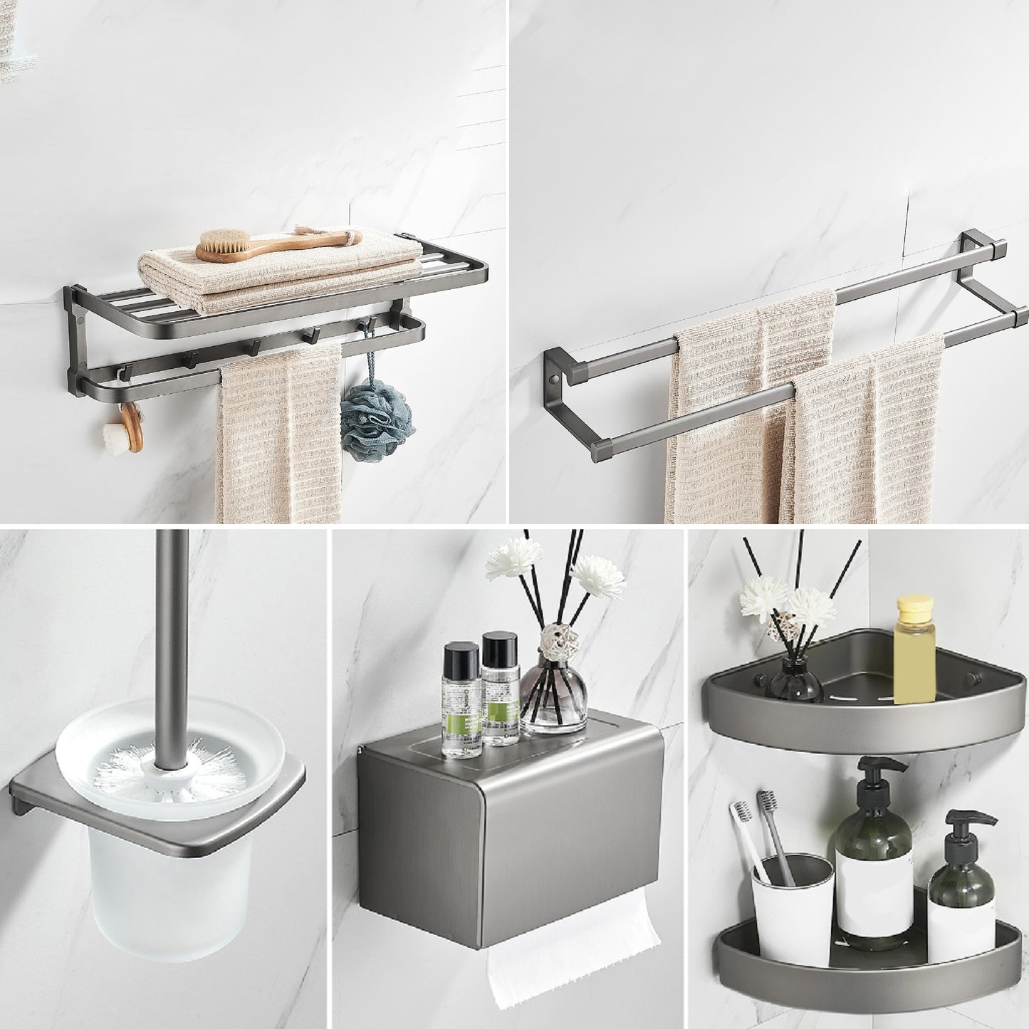 Contemporary Metal 6-Piece Bathroom Accessory Set with Bath Shelf White Gray 6-Piece Set Clearhalo 'Bathroom Hardware Sets' 'Bathroom Hardware' 'Bathroom Remodel & Bathroom Fixtures' 'bathroom_hardware_sets' 'Home Improvement' 'home_improvement' 'home_improvement_bathroom_hardware_sets' 6864514