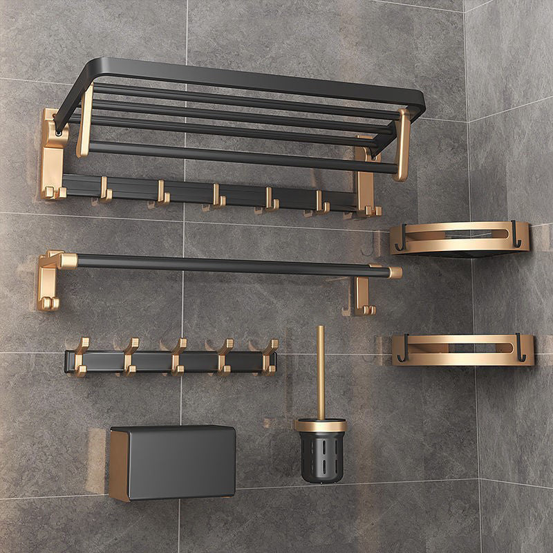 Contemporary Metal 6-Piece Bathroom Accessory Set with Bath Shelf Black Gold 6-Piece Set Clearhalo 'Bathroom Hardware Sets' 'Bathroom Hardware' 'Bathroom Remodel & Bathroom Fixtures' 'bathroom_hardware_sets' 'Home Improvement' 'home_improvement' 'home_improvement_bathroom_hardware_sets' 6864516
