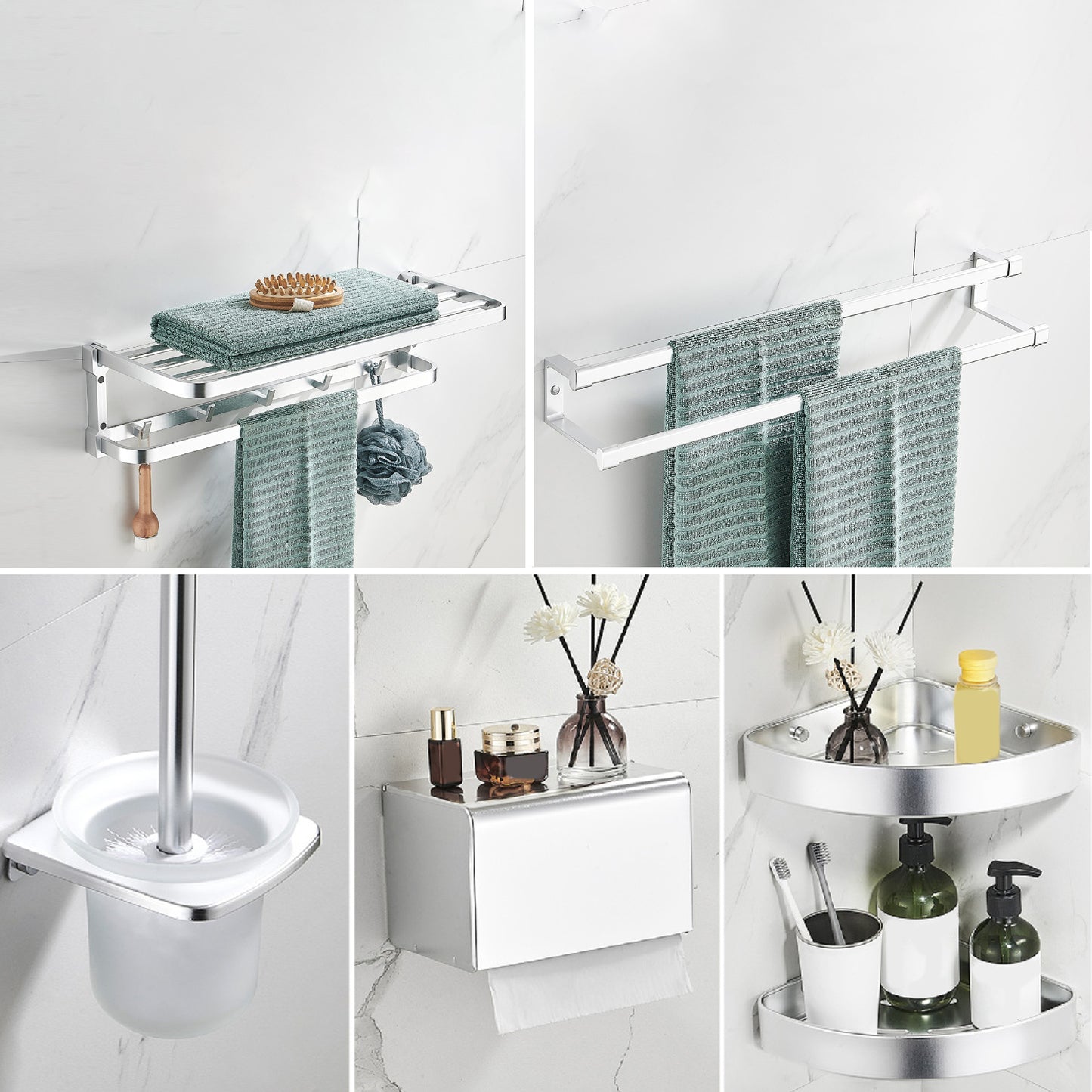 Contemporary Metal 6-Piece Bathroom Accessory Set with Bath Shelf Silver Gray 6-Piece Set Clearhalo 'Bathroom Hardware Sets' 'Bathroom Hardware' 'Bathroom Remodel & Bathroom Fixtures' 'bathroom_hardware_sets' 'Home Improvement' 'home_improvement' 'home_improvement_bathroom_hardware_sets' 6864518