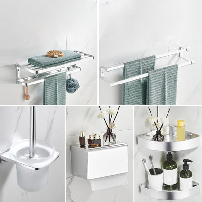 Contemporary Metal 6-Piece Bathroom Accessory Set with Bath Shelf Silver Gray 6-Piece Set Clearhalo 'Bathroom Hardware Sets' 'Bathroom Hardware' 'Bathroom Remodel & Bathroom Fixtures' 'bathroom_hardware_sets' 'Home Improvement' 'home_improvement' 'home_improvement_bathroom_hardware_sets' 6864518