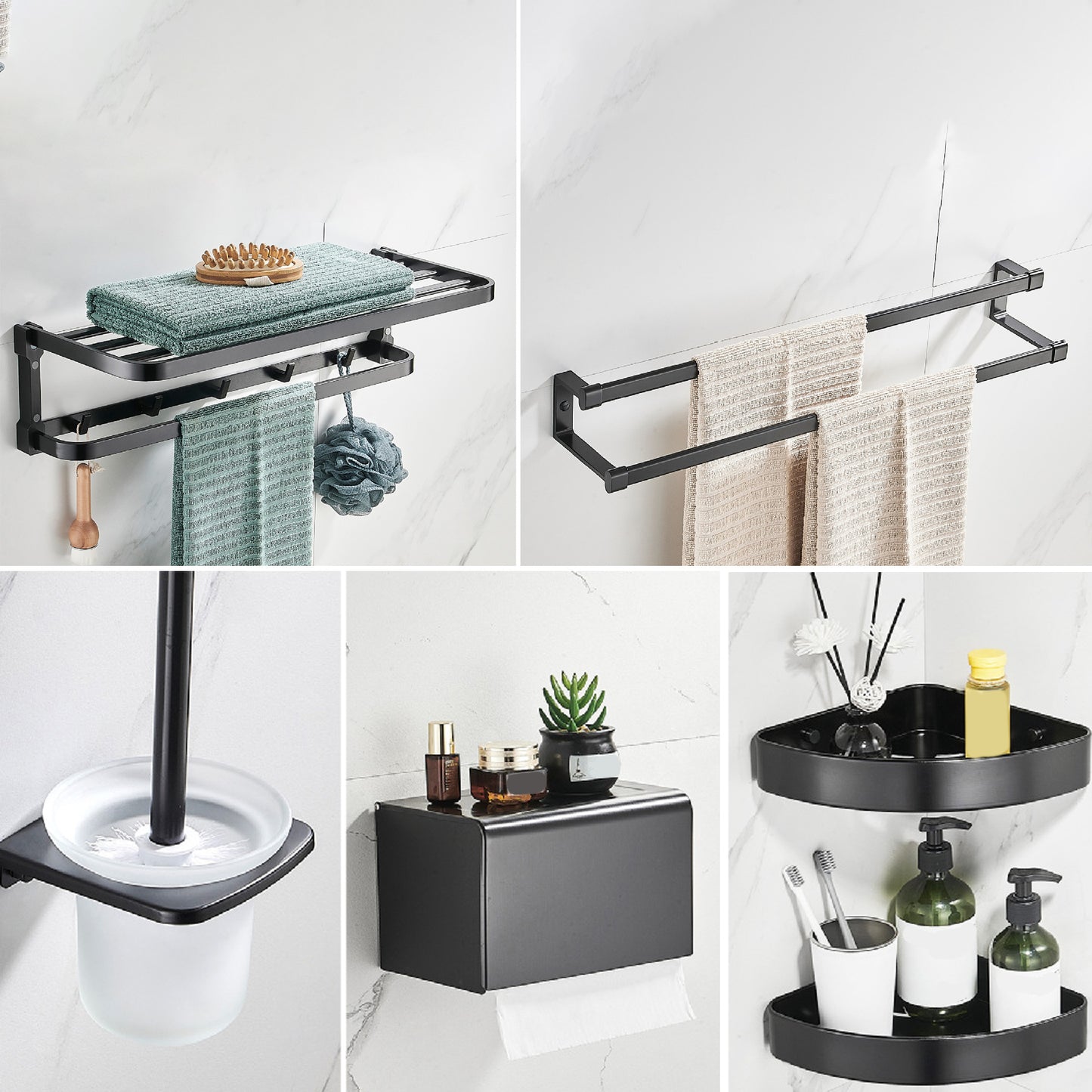 Contemporary Metal 6-Piece Bathroom Accessory Set with Bath Shelf Black Gray 6-Piece Set Clearhalo 'Bathroom Hardware Sets' 'Bathroom Hardware' 'Bathroom Remodel & Bathroom Fixtures' 'bathroom_hardware_sets' 'Home Improvement' 'home_improvement' 'home_improvement_bathroom_hardware_sets' 6864520