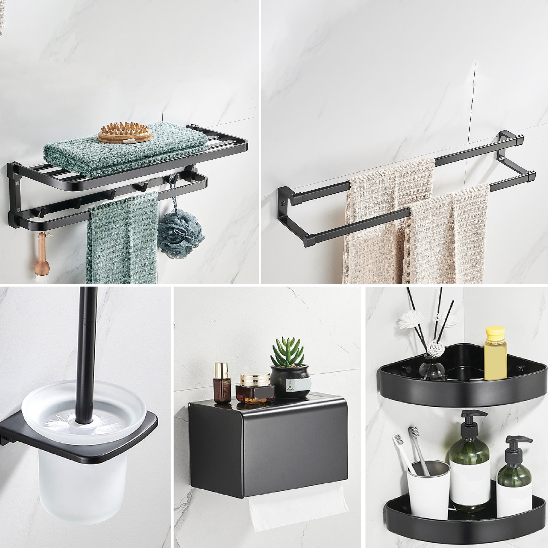 Contemporary Metal 6-Piece Bathroom Accessory Set with Bath Shelf Black Gray 6-Piece Set Clearhalo 'Bathroom Hardware Sets' 'Bathroom Hardware' 'Bathroom Remodel & Bathroom Fixtures' 'bathroom_hardware_sets' 'Home Improvement' 'home_improvement' 'home_improvement_bathroom_hardware_sets' 6864520
