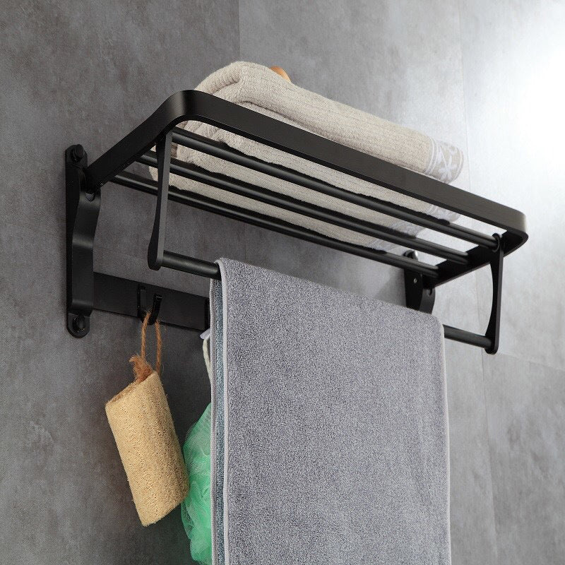 6-Piece Modern Bathroom Hardware Set in Matte Black with Bath Shelf/Towel Bar & Robe Hooks Clearhalo 'Bathroom Hardware Sets' 'Bathroom Hardware' 'Bathroom Remodel & Bathroom Fixtures' 'bathroom_hardware_sets' 'Home Improvement' 'home_improvement' 'home_improvement_bathroom_hardware_sets' 6864576