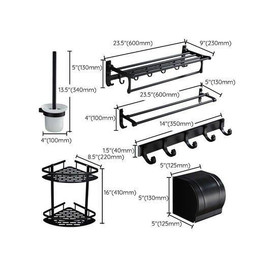 6-Piece Modern Bathroom Hardware Set in Matte Black with Bath Shelf/Towel Bar & Robe Hooks Clearhalo 'Bathroom Hardware Sets' 'Bathroom Hardware' 'Bathroom Remodel & Bathroom Fixtures' 'bathroom_hardware_sets' 'Home Improvement' 'home_improvement' 'home_improvement_bathroom_hardware_sets' 6864587
