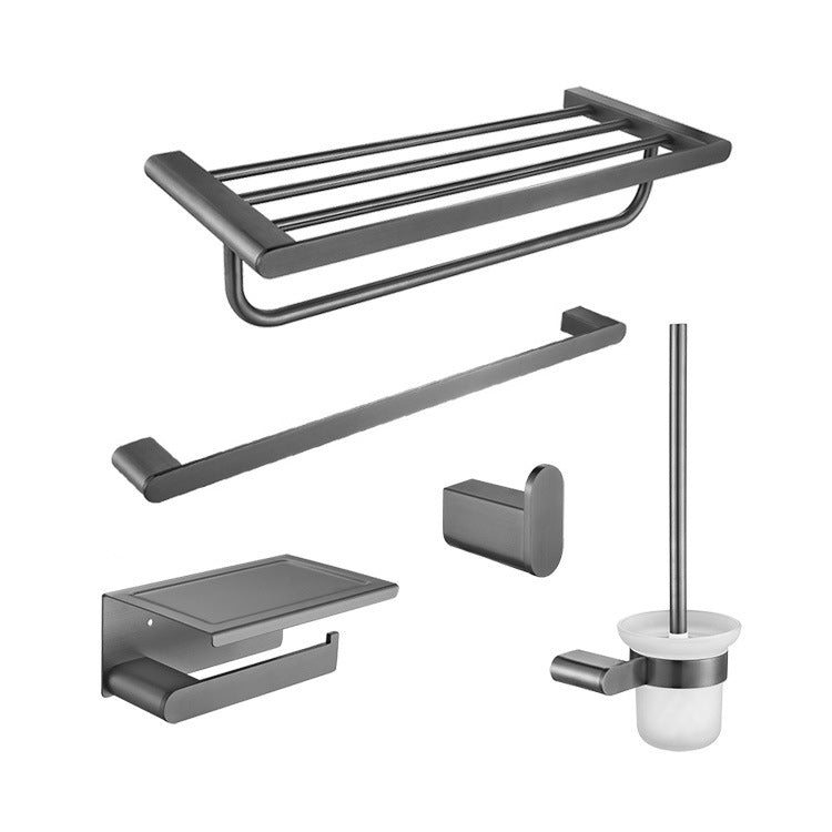 5-Piece Modern Bath Hardware Set in Stainless Steel with Towel Bar/Robe Hooks/Paper Holder Grey 5 piece Set Clearhalo 'Bathroom Hardware Sets' 'Bathroom Hardware' 'Bathroom Remodel & Bathroom Fixtures' 'bathroom_hardware_sets' 'Home Improvement' 'home_improvement' 'home_improvement_bathroom_hardware_sets' 6864623
