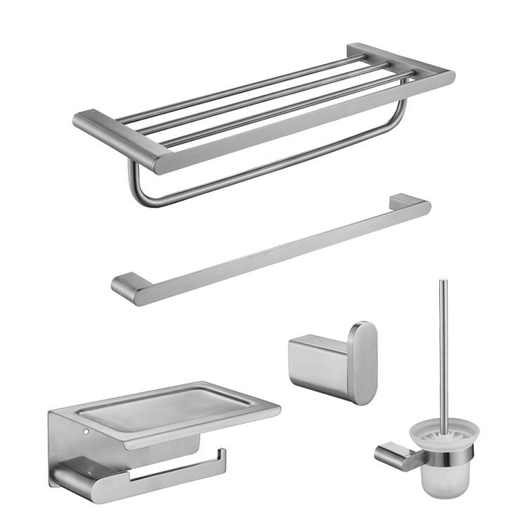 5-Piece Modern Bath Hardware Set in Stainless Steel with Towel Bar/Robe Hooks/Paper Holder Silver 5 piece Set Clearhalo 'Bathroom Hardware Sets' 'Bathroom Hardware' 'Bathroom Remodel & Bathroom Fixtures' 'bathroom_hardware_sets' 'Home Improvement' 'home_improvement' 'home_improvement_bathroom_hardware_sets' 6864624