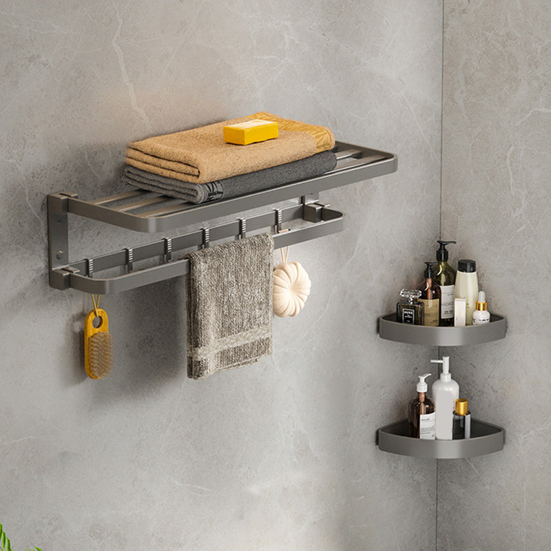 Modern Gray Bathroom Accessory Set Aluminum Stainless Bath Shelf/Robe Hooks/Towel Bar Towel Rack with Bath Shelf (Triangular) Clearhalo 'Bathroom Hardware Sets' 'Bathroom Hardware' 'Bathroom Remodel & Bathroom Fixtures' 'bathroom_hardware_sets' 'Home Improvement' 'home_improvement' 'home_improvement_bathroom_hardware_sets' 6864635